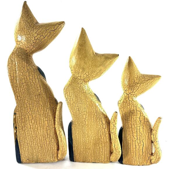 Set of 3 Hand Carved Wood Cat Sculptures Crackle Painted Folk Art - Picture 3 of 8